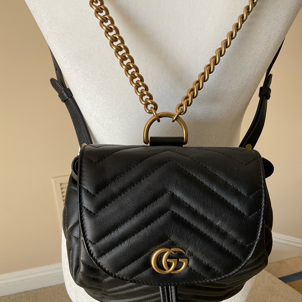 Gucci Black Quilted Leather Backpack with Gold Chain